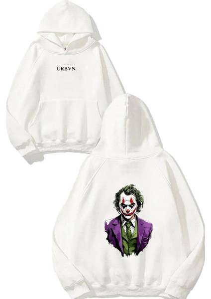 Joker Portrait Tasarım Baskılı Oversize Beyaz Kapüşonlu Sweatshirt