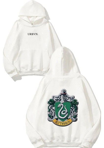 Slytherin Tasarım Baskılı Oversize Beyaz Kapüşonlu Sweatshirt