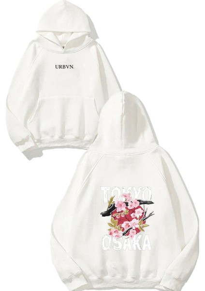 Osaka Tasarım Baskılı Oversize Beyaz Kapüşonlu Sweatshirt