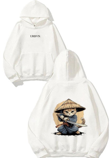 Samurai Cat Tasarım Baskılı Oversize Beyaz Kapüşonlu Sweatshirt