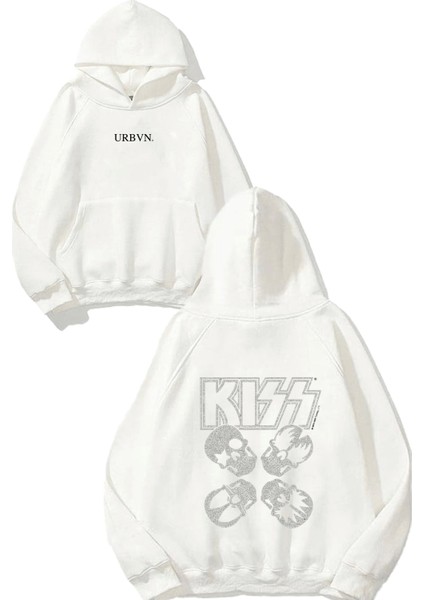 Kiss Band Tasarım Baskılı Oversize Beyaz Kapüşonlu Sweatshirt