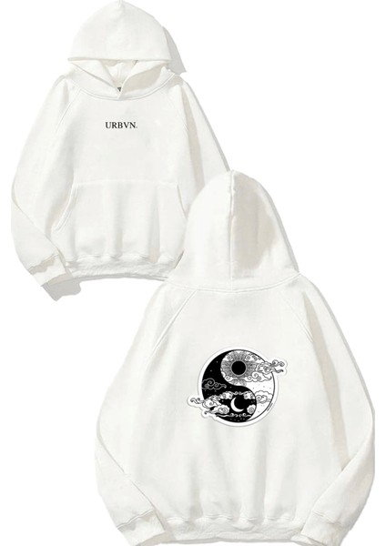 Ying Yang Tasarım Baskılı Oversize Beyaz Kapüşonlu Sweatshirt
