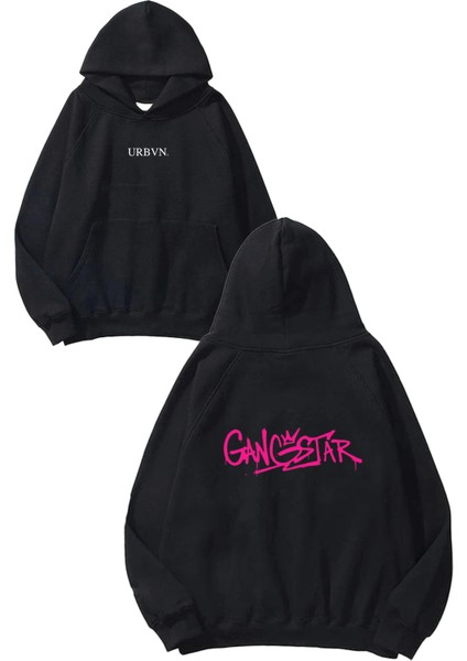 Gangstar Tasarım Baskılı Oversize Siyah Kapüşonlu Sweatshirt