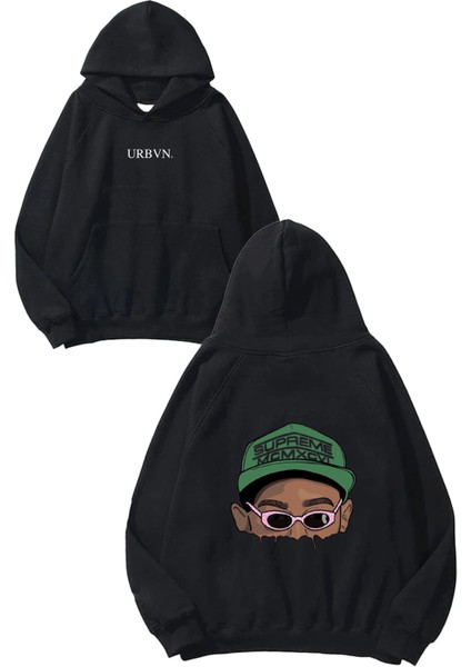 Supreme Cap Tasarım Baskılı Oversize Siyah Kapüşonlu Sweatshirt