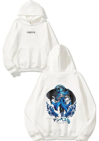 Anime Rimuru Tasarım Baskılı Oversize Beyaz Kapüşonlu Sweatshirt