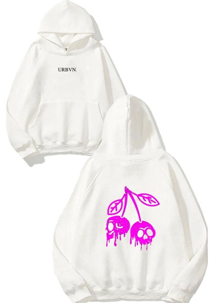 Cherry Skull Tasarım Baskılı Oversize Beyaz Kapüşonlu Sweatshirt