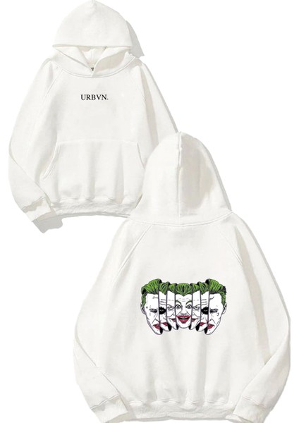 Joker Yüz Tasarım Baskılı Oversize Beyaz Kapüşonlu Sweatshirt