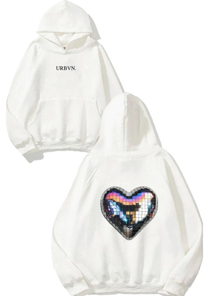 Disco Heart Tasarım Baskılı Oversize Beyaz Kapüşonlu Sweatshirt
