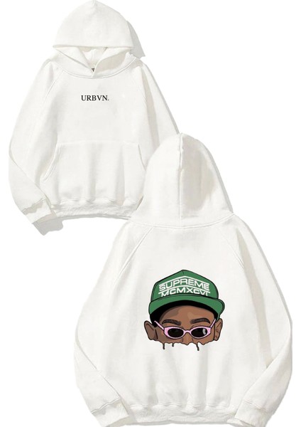 Supreme Cap Tasarım Baskılı Oversize Beyaz Kapüşonlu Sweatshirt
