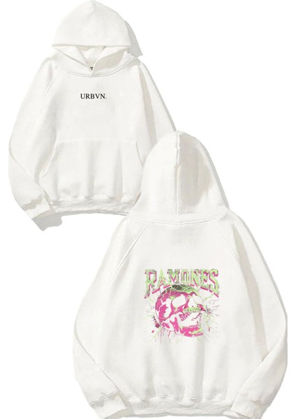 Ramones Tasarım Baskılı Oversize Beyaz Kapüşonlu Sweatshirt