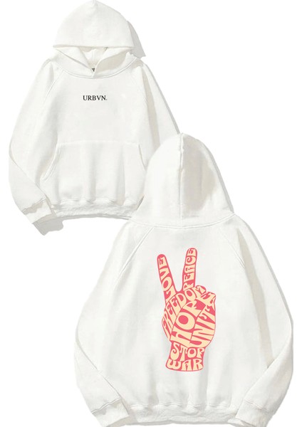 Stop War Tasarım Baskılı Oversize Beyaz Kapüşonlu Sweatshirt
