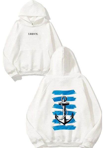 Sailor Tasarım Baskılı Oversize Beyaz Kapüşonlu Sweatshirt