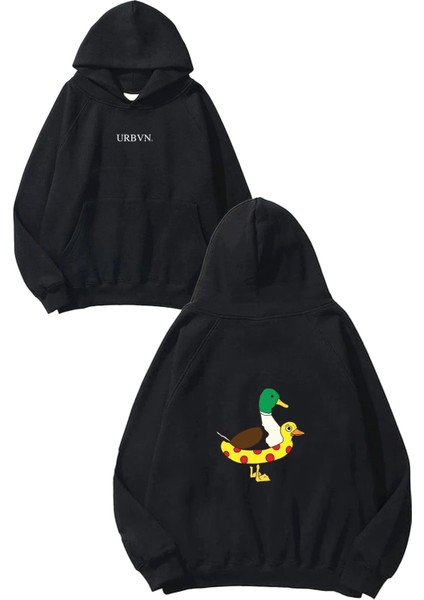 Duck 1 Tasarım Baskılı Oversize Siyah Kapüşonlu Sweatshirt