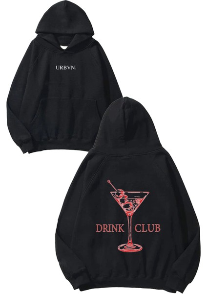 Drink Club Tasarım Baskılı Oversize Siyah Kapüşonlu Sweatshirt