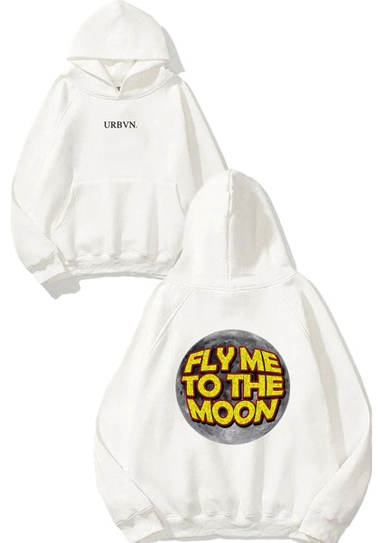 Fly Moon Tasarım Baskılı Oversize Beyaz Kapüşonlu Sweatshirt