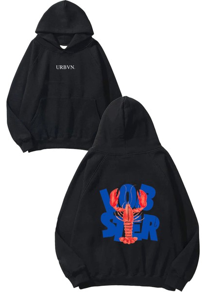 Lobster Tasarım Baskılı Oversize Siyah Kapüşonlu Sweatshirt