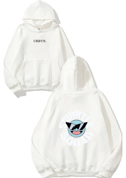 Squirtle Squad Tasarım Baskılı Oversize Beyaz Kapüşonlu Sweatshirt