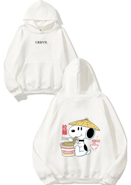 Snoodles Tasarım Baskılı Oversize Beyaz Kapüşonlu Sweatshirt