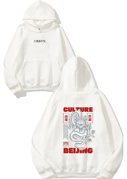 Ejderha Tasarım Baskılı Oversize Beyaz Kapüşonlu Sweatshirt
