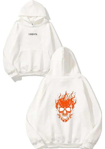 Alev Kurukafa Tasarım Baskılı Oversize Beyaz Kapüşonlu Sweatshirt