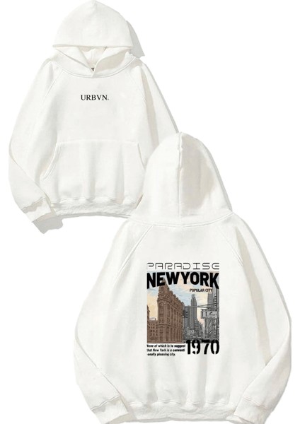Paradise New York Tasarım Baskılı Oversize Beyaz Kapüşonlu Sweatshirt
