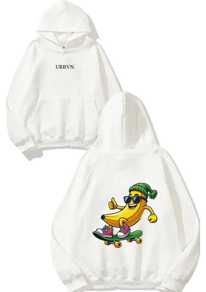 Banana Skate Tasarım Baskılı Oversize Beyaz Kapüşonlu Sweatshirt