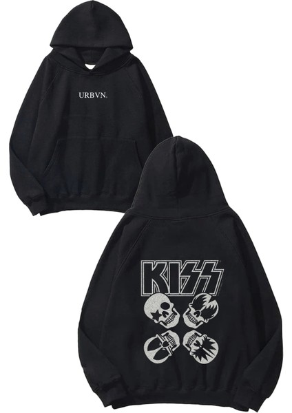 Kiss Band Tasarım Baskılı Oversize Siyah Kapüşonlu Sweatshirt