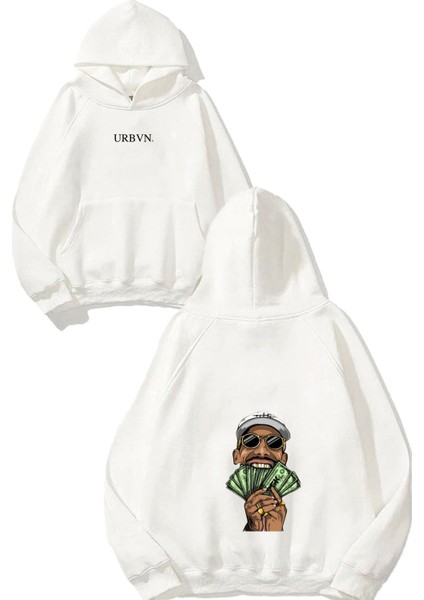 Money Man Tasarım Baskılı Oversize Beyaz Kapüşonlu Sweatshirt