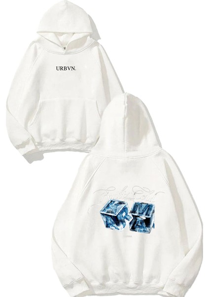 Cold Karma Tasarım Baskılı Oversize Beyaz Kapüşonlu Sweatshirt