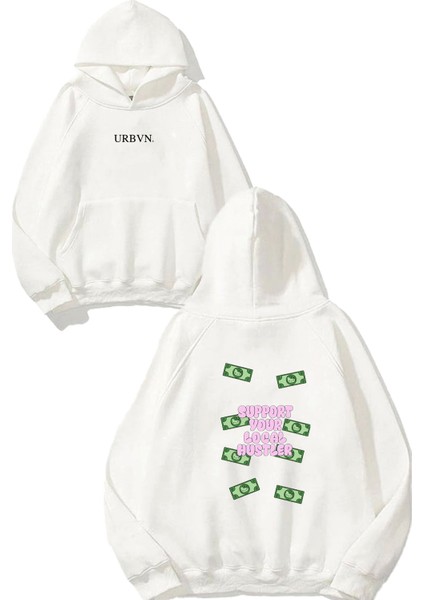 Support Tasarım Baskılı Oversize Beyaz Kapüşonlu Sweatshirt