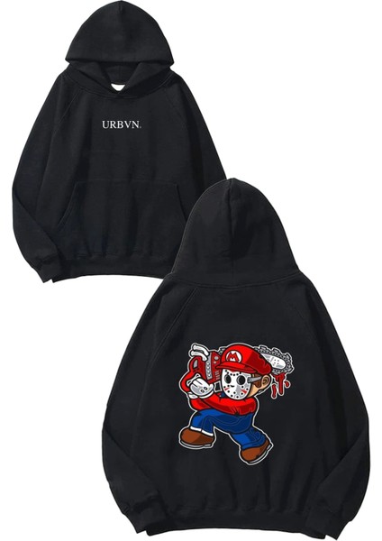 Mario Bad Tasarım Baskılı Oversize Siyah Kapüşonlu Sweatshirt