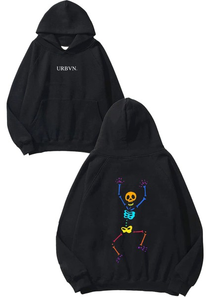 Rainbow Skeleton Tasarım Baskılı Oversize Siyah Kapüşonlu Sweatshirt