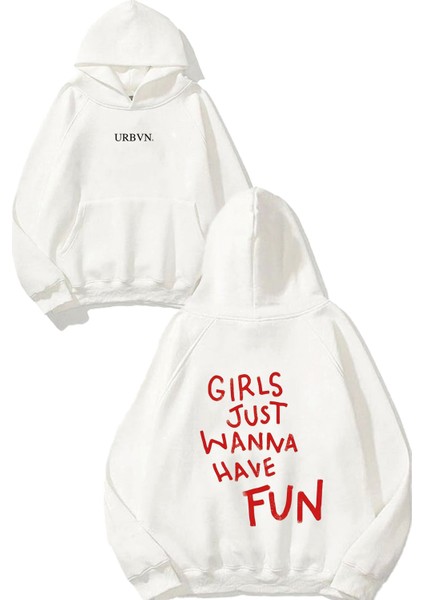 Wanna Fun Tasarım Baskılı Oversize Beyaz Kapüşonlu Sweatshirt