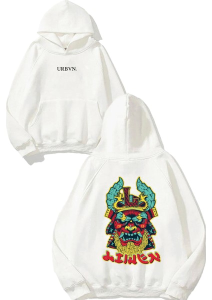Indian Demon Tasarım Baskılı Oversize Beyaz Kapüşonlu Sweatshirt