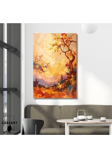 Tekli Dikey Kanvas Tablo Gün Batımı Renklerinde Ağaç Manzara
