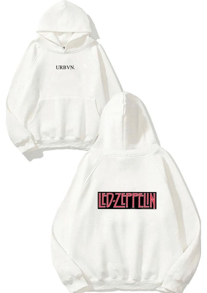 Zeppelin Tasarım Baskılı Oversize Beyaz Kapüşonlu Sweatshirt