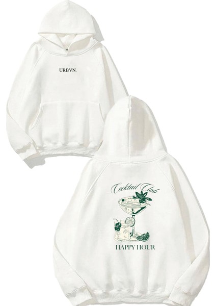Cocktail Club Tasarım Baskılı Oversize Beyaz Kapüşonlu Sweatshirt