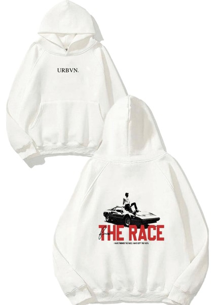 Finish The Race Tasarım Baskılı Oversize Beyaz Kapüşonlu Sweatshirt