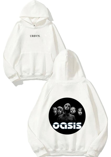 Oasis Tasarım Baskılı Oversize Beyaz Kapüşonlu Sweatshirt