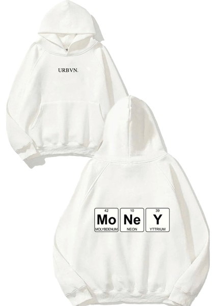 Money Element Tasarım Baskılı Oversize Beyaz Kapüşonlu Sweatshirt