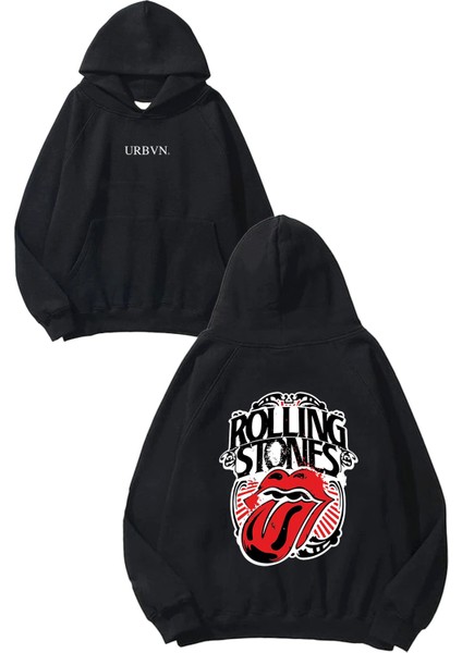 Rolling Stones Tongue Tasarım Baskılı Oversize Siyah Kapüşonlu Sweatshirt