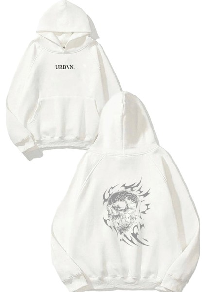 Fire Skull Tasarım Baskılı Oversize Beyaz Kapüşonlu Sweatshirt