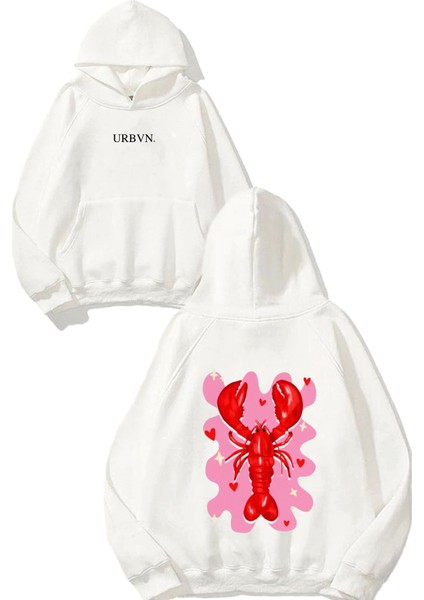 Istakoz Tasarım Baskılı Oversize Beyaz Kapüşonlu Sweatshirt