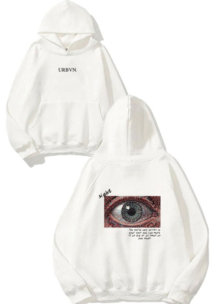 Sight Tasarım Baskılı Oversize Beyaz Kapüşonlu Sweatshirt