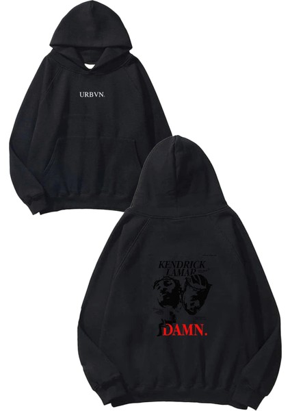 Kendrick Tasarım Baskılı Oversize Siyah Kapüşonlu Sweatshirt