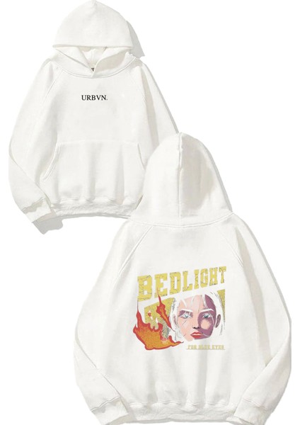 Bedlight Tasarım Baskılı Oversize Beyaz Kapüşonlu Sweatshirt