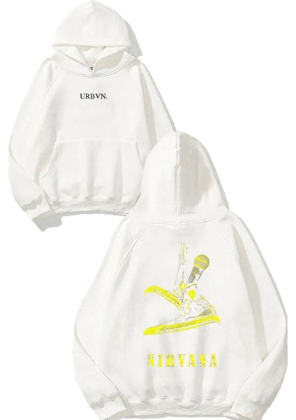 Nirvana Microphone Tasarım Baskılı Oversize Beyaz Kapüşonlu Sweatshirt