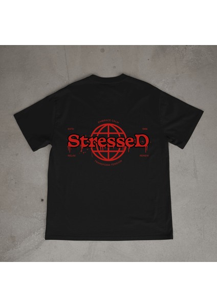 Stressed Tasarım Baskılı Siyah Oversize T-Shirt