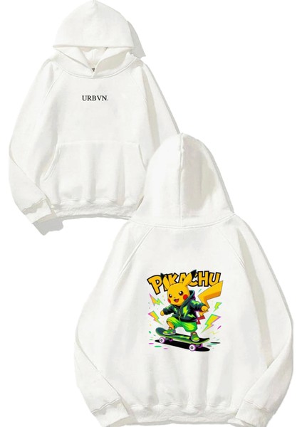 Pikachu Skate Tasarım Baskılı Oversize Beyaz Kapüşonlu Sweatshirt