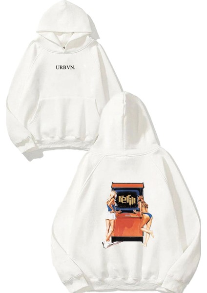 Retro Game Tasarım Baskılı Oversize Beyaz Kapüşonlu Sweatshirt